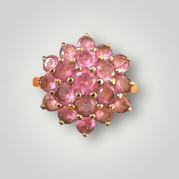 Vintage Sterling Silver 925 Gold Vermeil Pink Tourmaline Cluster Cocktail Ring - Picture 1 of 8